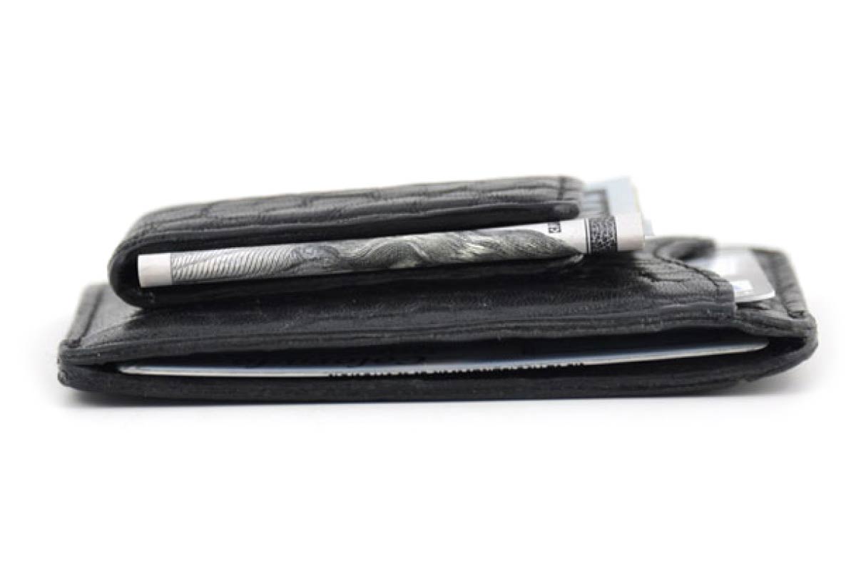 Leather Money Clip Wallet - Ostrich - Onyx Black - Borlino