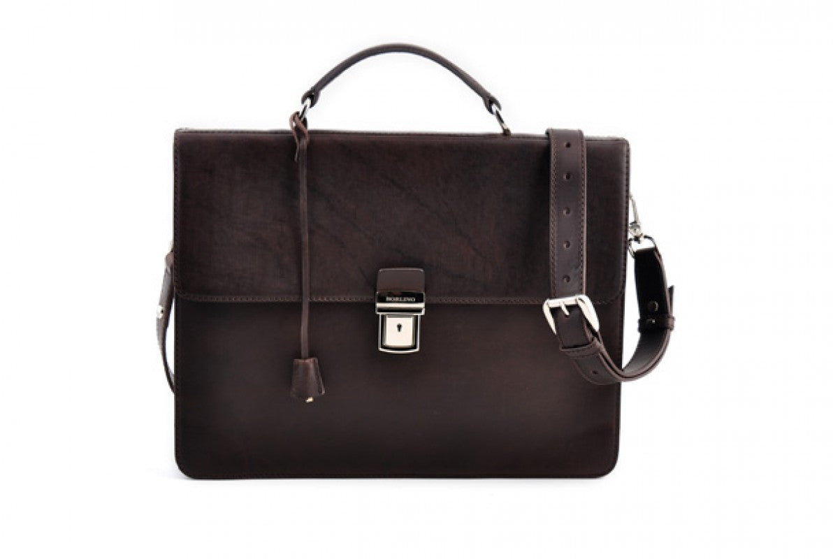 Leather Briefcase - Single Gusset - The Forza - Walnut Brown - Borlino